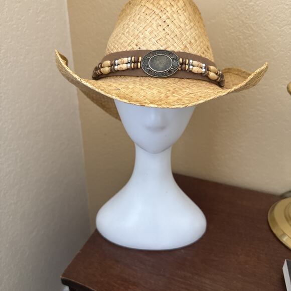 Henschel Hat Co. Other - Henschel Hat Co Straw Cowboy Hat Medium With Leather And Beads Hatband Made USA